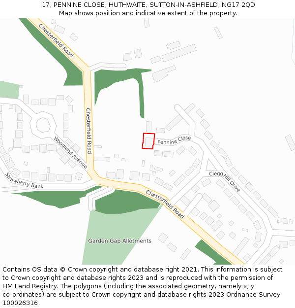 17, PENNINE CLOSE, HUTHWAITE, SUTTON-IN-ASHFIELD, NG17 2QD: Location map and indicative extent of plot