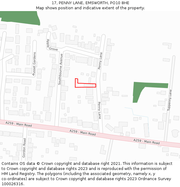 17, PENNY LANE, EMSWORTH, PO10 8HE: Location map and indicative extent of plot