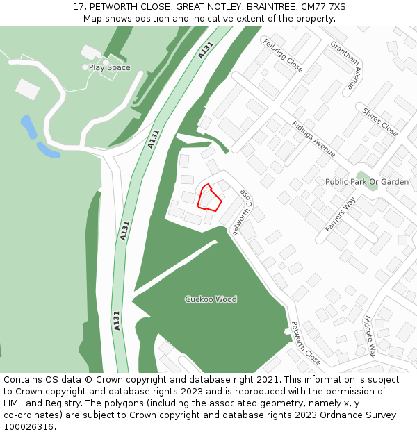 17, PETWORTH CLOSE, GREAT NOTLEY, BRAINTREE, CM77 7XS: Location map and indicative extent of plot
