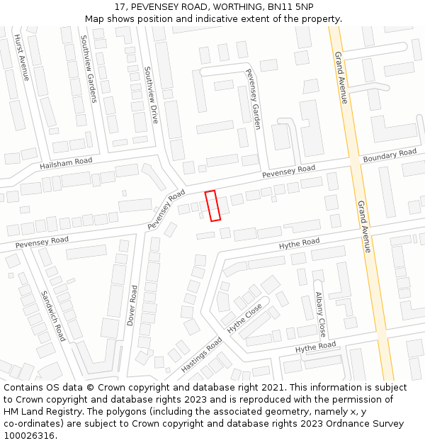 17, PEVENSEY ROAD, WORTHING, BN11 5NP: Location map and indicative extent of plot