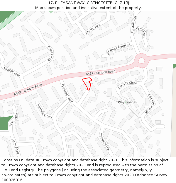 17, PHEASANT WAY, CIRENCESTER, GL7 1BJ: Location map and indicative extent of plot
