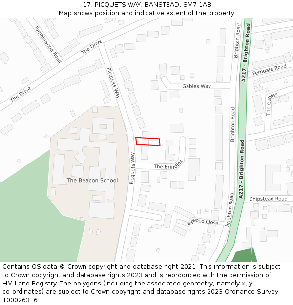 17, PICQUETS WAY, BANSTEAD, SM7 1AB: Location map and indicative extent of plot