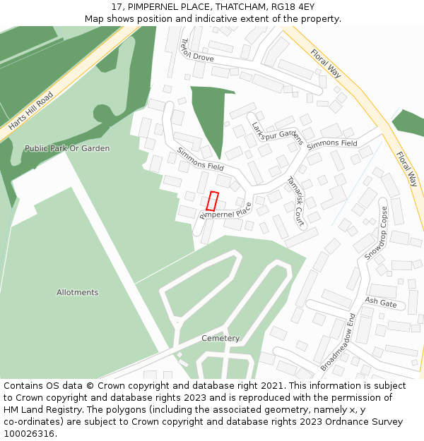 17, PIMPERNEL PLACE, THATCHAM, RG18 4EY: Location map and indicative extent of plot