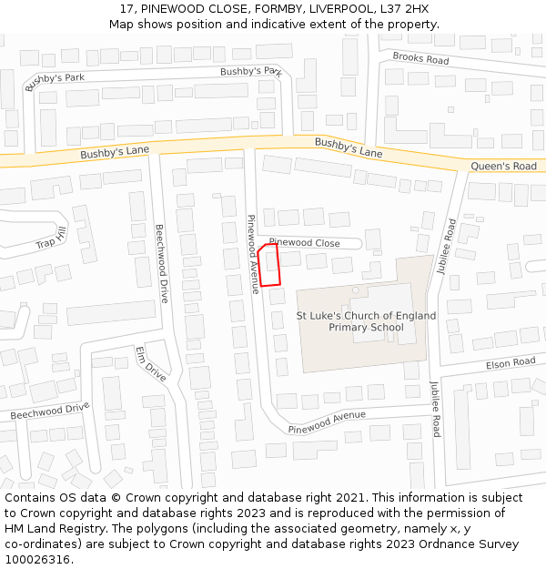 17, PINEWOOD CLOSE, FORMBY, LIVERPOOL, L37 2HX: Location map and indicative extent of plot