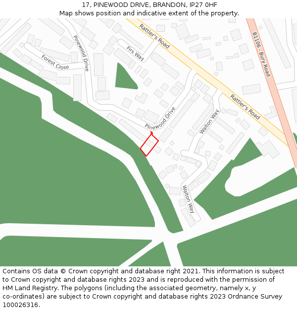 17, PINEWOOD DRIVE, BRANDON, IP27 0HF: Location map and indicative extent of plot