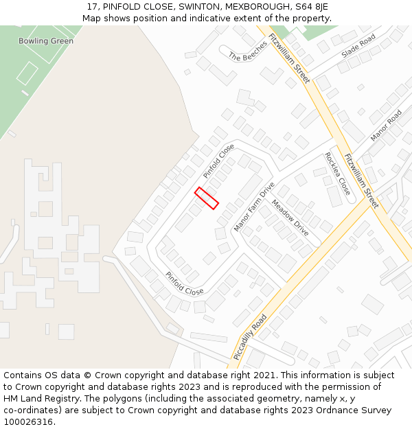 17, PINFOLD CLOSE, SWINTON, MEXBOROUGH, S64 8JE: Location map and indicative extent of plot