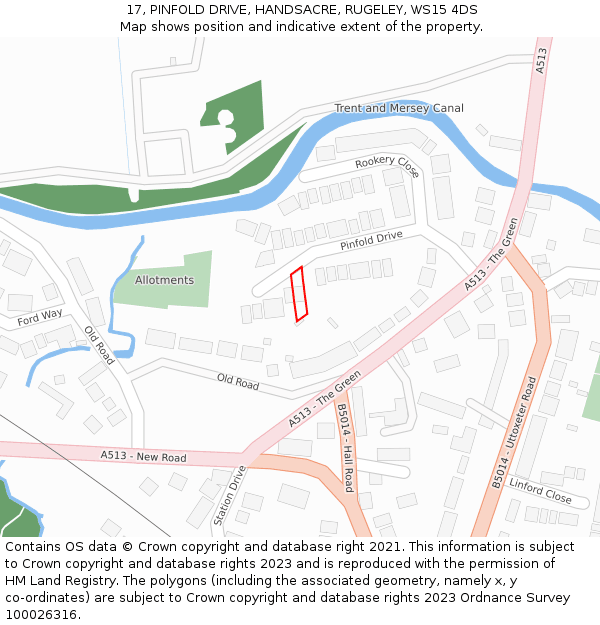 17, PINFOLD DRIVE, HANDSACRE, RUGELEY, WS15 4DS: Location map and indicative extent of plot