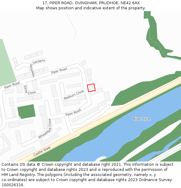 17, PIPER ROAD, OVINGHAM, PRUDHOE, NE42 6AX: Location map and indicative extent of plot