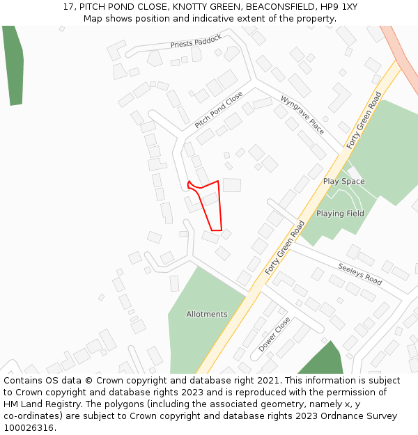 17, PITCH POND CLOSE, KNOTTY GREEN, BEACONSFIELD, HP9 1XY: Location map and indicative extent of plot