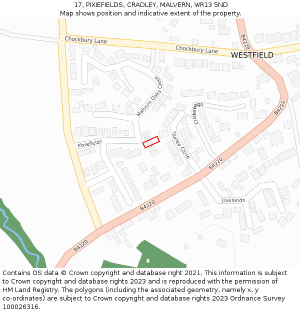 17, PIXIEFIELDS, CRADLEY, MALVERN, WR13 5ND: Location map and indicative extent of plot