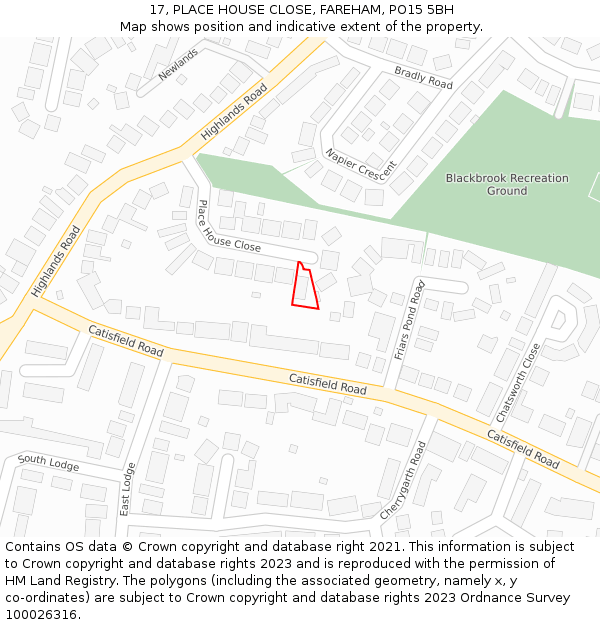 17, PLACE HOUSE CLOSE, FAREHAM, PO15 5BH: Location map and indicative extent of plot