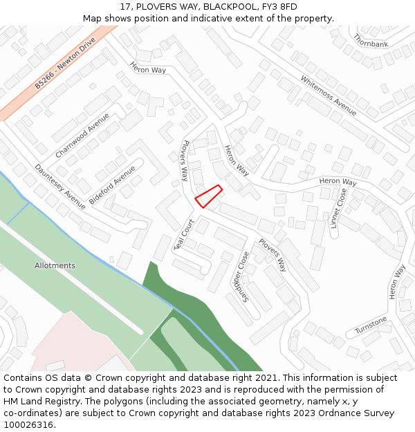 17, PLOVERS WAY, BLACKPOOL, FY3 8FD: Location map and indicative extent of plot