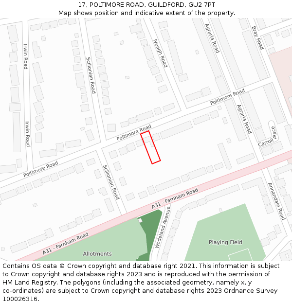 17, POLTIMORE ROAD, GUILDFORD, GU2 7PT: Location map and indicative extent of plot