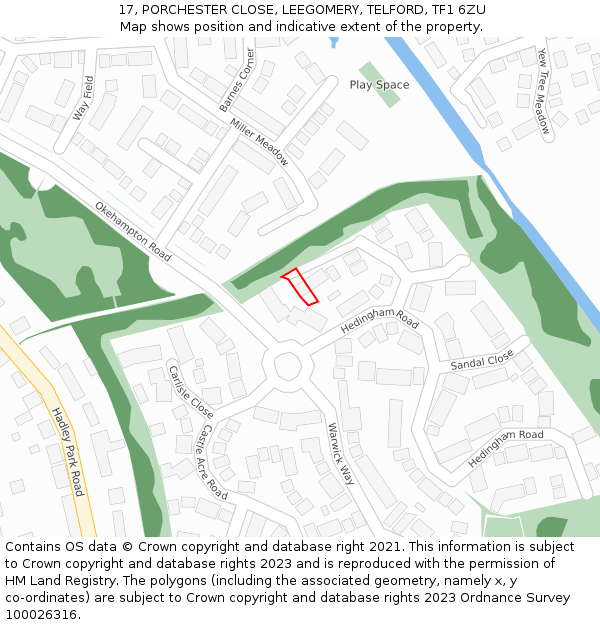 17, PORCHESTER CLOSE, LEEGOMERY, TELFORD, TF1 6ZU: Location map and indicative extent of plot