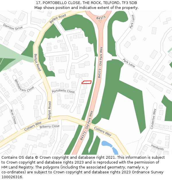 17, PORTOBELLO CLOSE, THE ROCK, TELFORD, TF3 5DB: Location map and indicative extent of plot