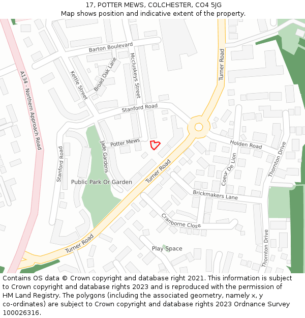 17, POTTER MEWS, COLCHESTER, CO4 5JG: Location map and indicative extent of plot