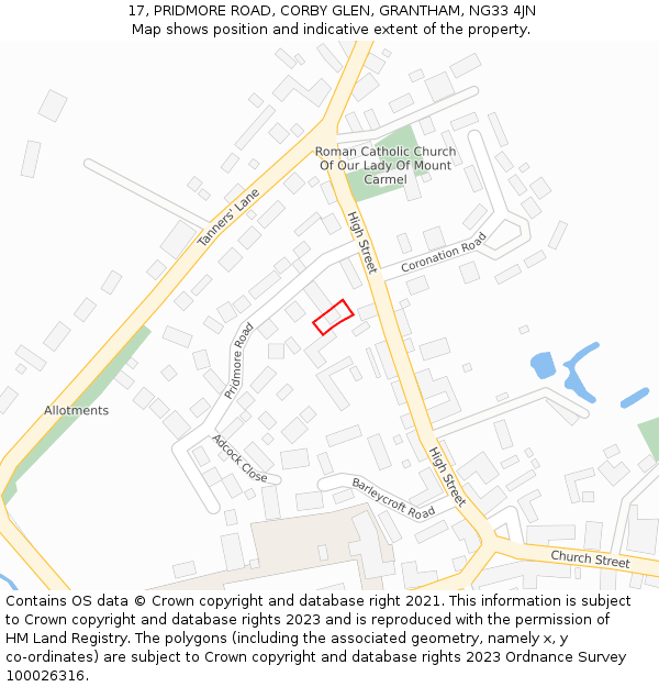 17, PRIDMORE ROAD, CORBY GLEN, GRANTHAM, NG33 4JN: Location map and indicative extent of plot