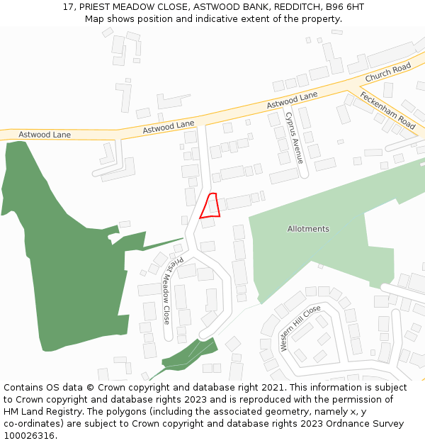 17, PRIEST MEADOW CLOSE, ASTWOOD BANK, REDDITCH, B96 6HT: Location map and indicative extent of plot