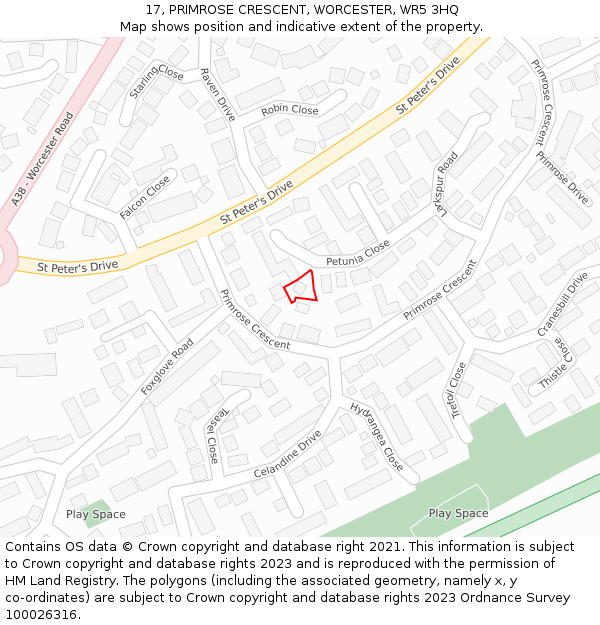 17, PRIMROSE CRESCENT, WORCESTER, WR5 3HQ: Location map and indicative extent of plot
