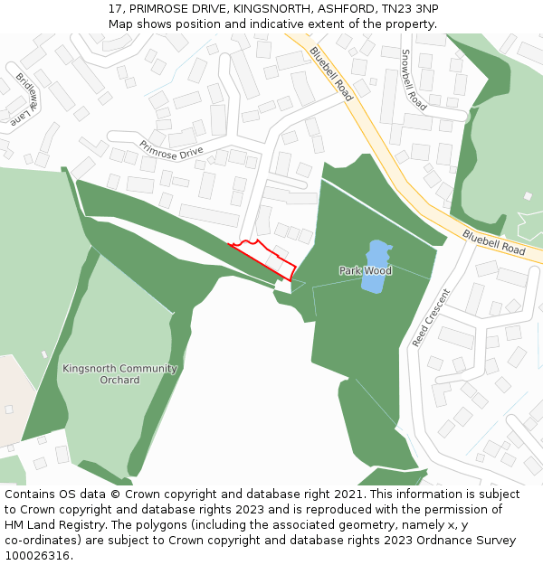 17, PRIMROSE DRIVE, KINGSNORTH, ASHFORD, TN23 3NP: Location map and indicative extent of plot