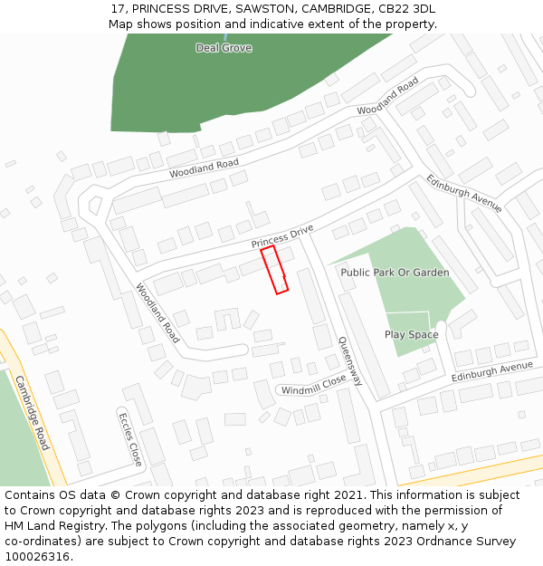 17, PRINCESS DRIVE, SAWSTON, CAMBRIDGE, CB22 3DL: Location map and indicative extent of plot