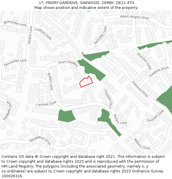 17, PRIORY GARDENS, OAKWOOD, DERBY, DE21 4TG: Location map and indicative extent of plot