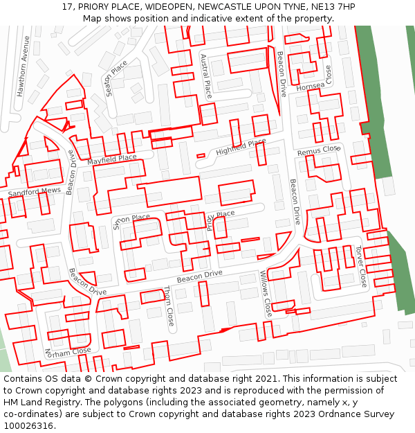 17, PRIORY PLACE, WIDEOPEN, NEWCASTLE UPON TYNE, NE13 7HP: Location map and indicative extent of plot