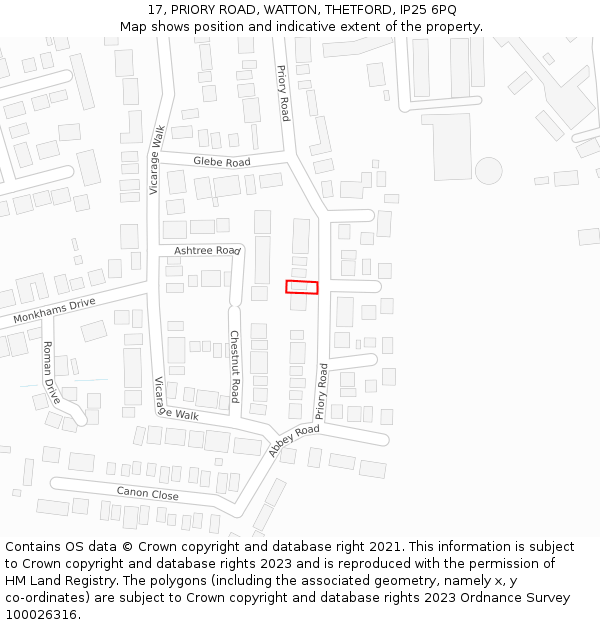 17, PRIORY ROAD, WATTON, THETFORD, IP25 6PQ: Location map and indicative extent of plot