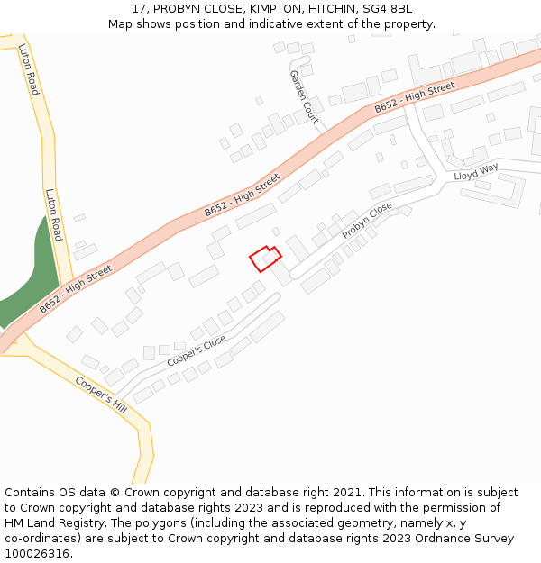 17, PROBYN CLOSE, KIMPTON, HITCHIN, SG4 8BL: Location map and indicative extent of plot