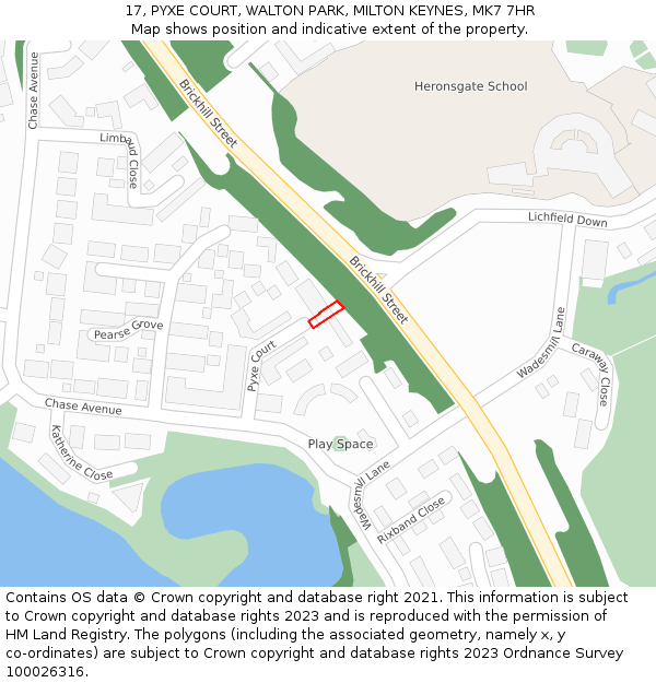 17, PYXE COURT, WALTON PARK, MILTON KEYNES, MK7 7HR: Location map and indicative extent of plot