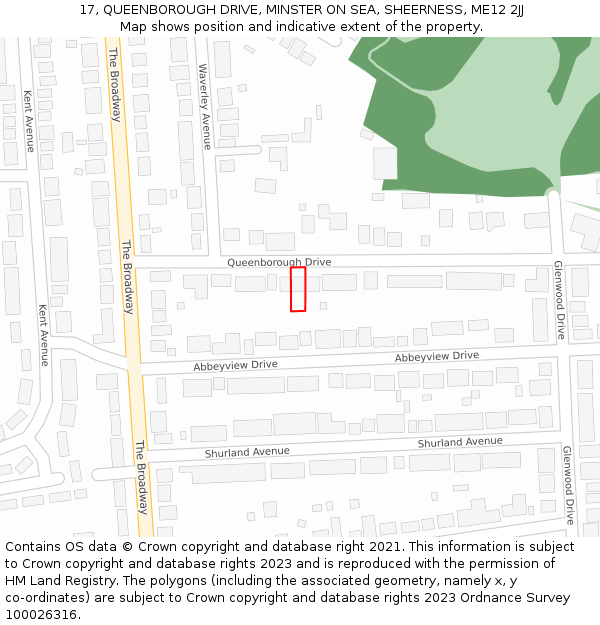 17, QUEENBOROUGH DRIVE, MINSTER ON SEA, SHEERNESS, ME12 2JJ: Location map and indicative extent of plot