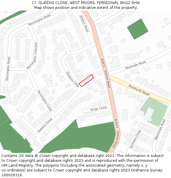 17, QUEENS CLOSE, WEST MOORS, FERNDOWN, BH22 0HW: Location map and indicative extent of plot