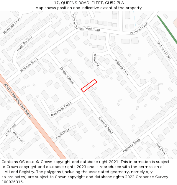 17, QUEENS ROAD, FLEET, GU52 7LA: Location map and indicative extent of plot