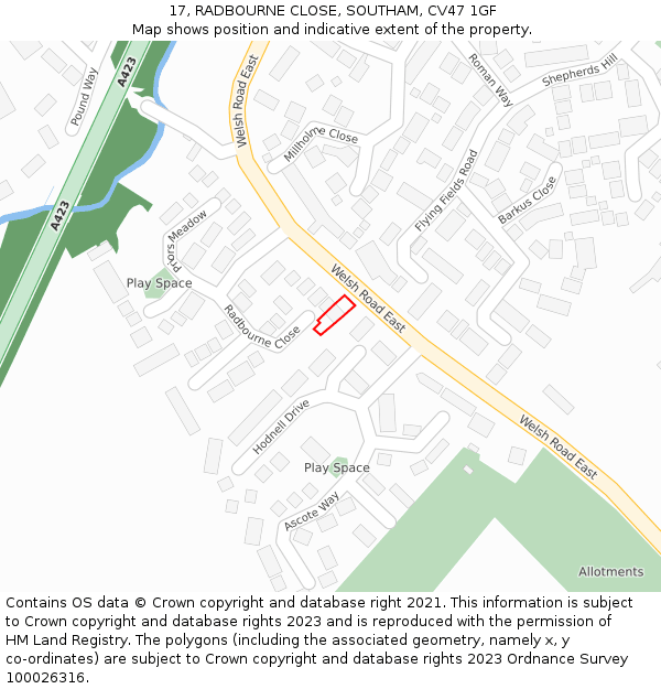 17, RADBOURNE CLOSE, SOUTHAM, CV47 1GF: Location map and indicative extent of plot