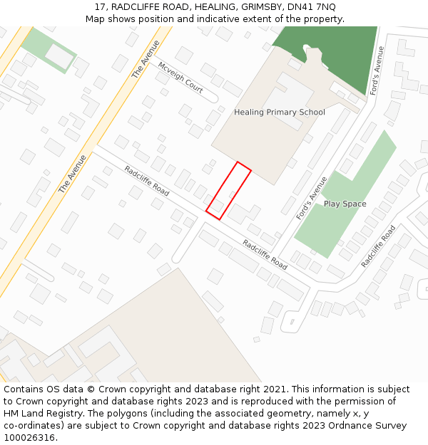 17, RADCLIFFE ROAD, HEALING, GRIMSBY, DN41 7NQ: Location map and indicative extent of plot