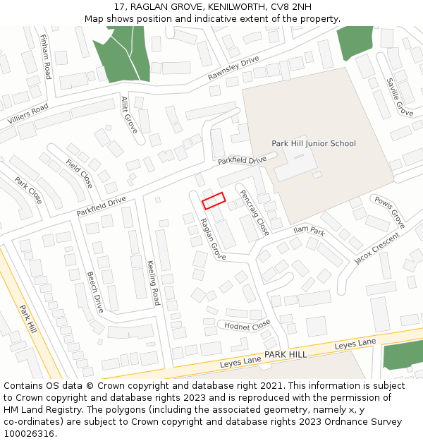 17, RAGLAN GROVE, KENILWORTH, CV8 2NH: Location map and indicative extent of plot