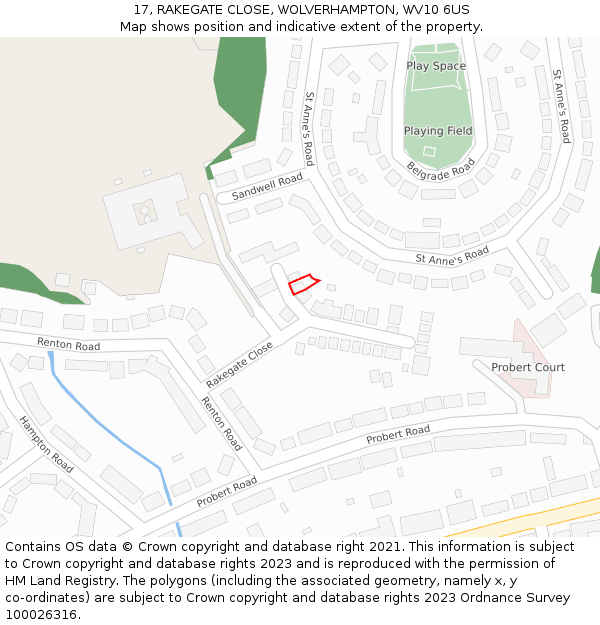 17, RAKEGATE CLOSE, WOLVERHAMPTON, WV10 6US: Location map and indicative extent of plot