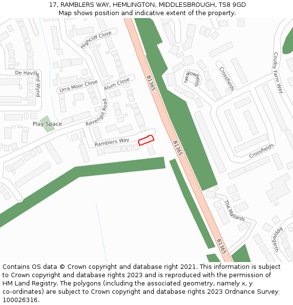 17, RAMBLERS WAY, HEMLINGTON, MIDDLESBROUGH, TS8 9GD: Location map and indicative extent of plot