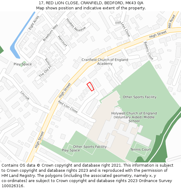 17, RED LION CLOSE, CRANFIELD, BEDFORD, MK43 0JA: Location map and indicative extent of plot