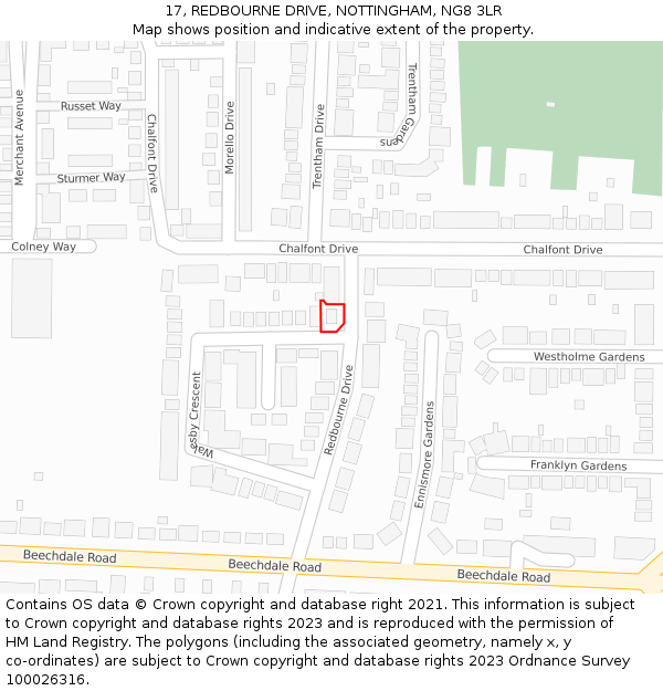 17, REDBOURNE DRIVE, NOTTINGHAM, NG8 3LR: Location map and indicative extent of plot