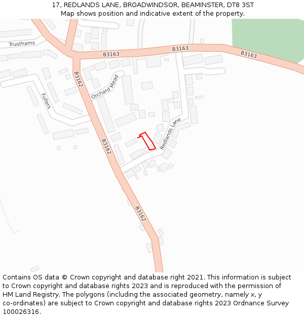 17, REDLANDS LANE, BROADWINDSOR, BEAMINSTER, DT8 3ST: Location map and indicative extent of plot