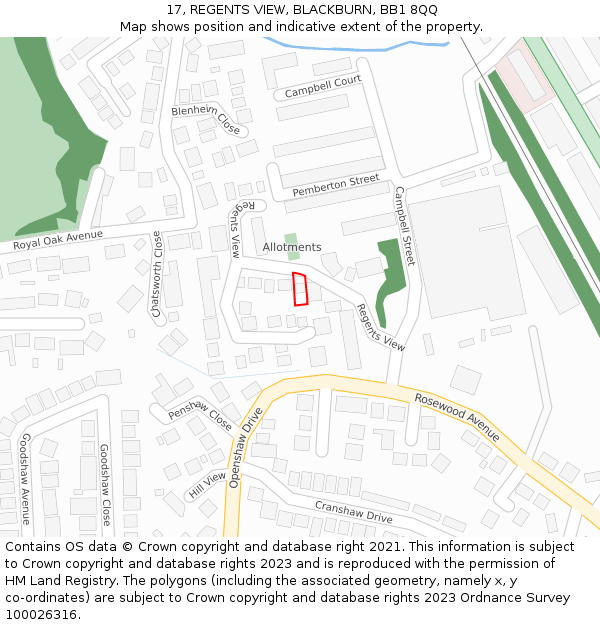 17, REGENTS VIEW, BLACKBURN, BB1 8QQ: Location map and indicative extent of plot