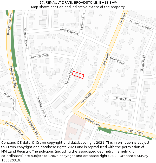 17, RENAULT DRIVE, BROADSTONE, BH18 8HW: Location map and indicative extent of plot