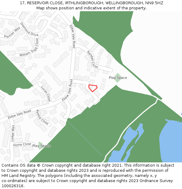 17, RESERVOIR CLOSE, IRTHLINGBOROUGH, WELLINGBOROUGH, NN9 5HZ: Location map and indicative extent of plot