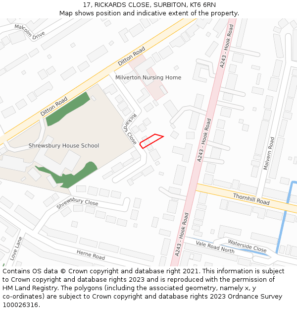 17, RICKARDS CLOSE, SURBITON, KT6 6RN: Location map and indicative extent of plot