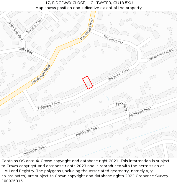 17, RIDGEWAY CLOSE, LIGHTWATER, GU18 5XU: Location map and indicative extent of plot