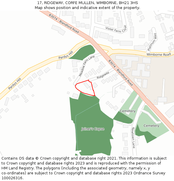 17, RIDGEWAY, CORFE MULLEN, WIMBORNE, BH21 3HS: Location map and indicative extent of plot
