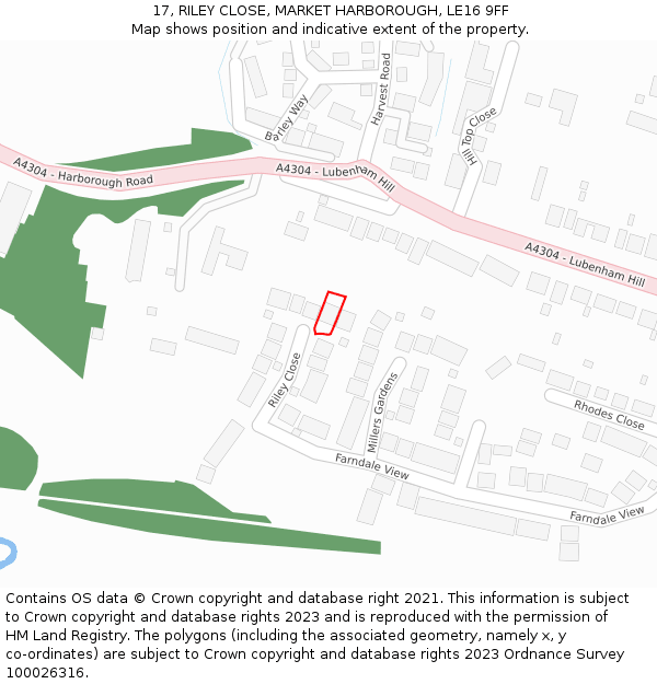 17, RILEY CLOSE, MARKET HARBOROUGH, LE16 9FF: Location map and indicative extent of plot