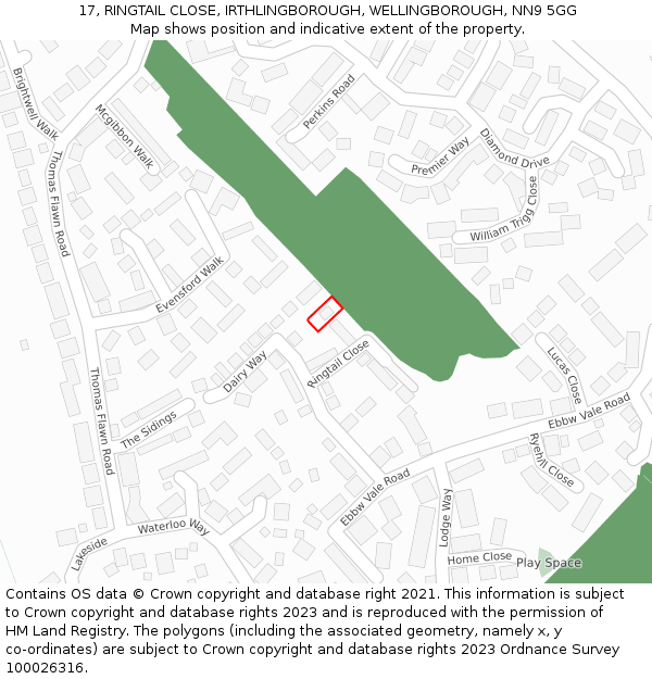 17, RINGTAIL CLOSE, IRTHLINGBOROUGH, WELLINGBOROUGH, NN9 5GG: Location map and indicative extent of plot