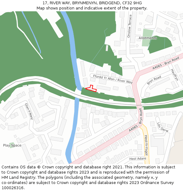 17, RIVER WAY, BRYNMENYN, BRIDGEND, CF32 9HG: Location map and indicative extent of plot